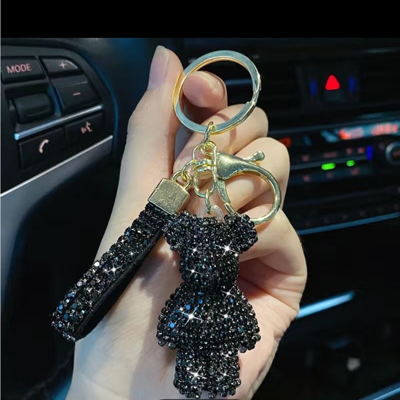 Accessories - Artificial diamond black bear keychain or bag charm with wrist strap